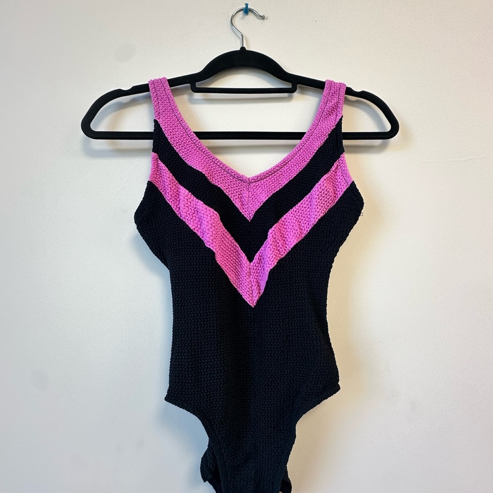 Sakura Pink and Black Bodysuit with Chevron Stripes